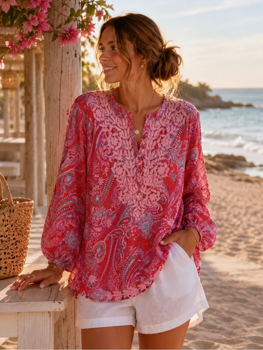 NWT Caleesa Embroidered Paisley Tunic Blouse – XL | Boho Chic Cotton Top